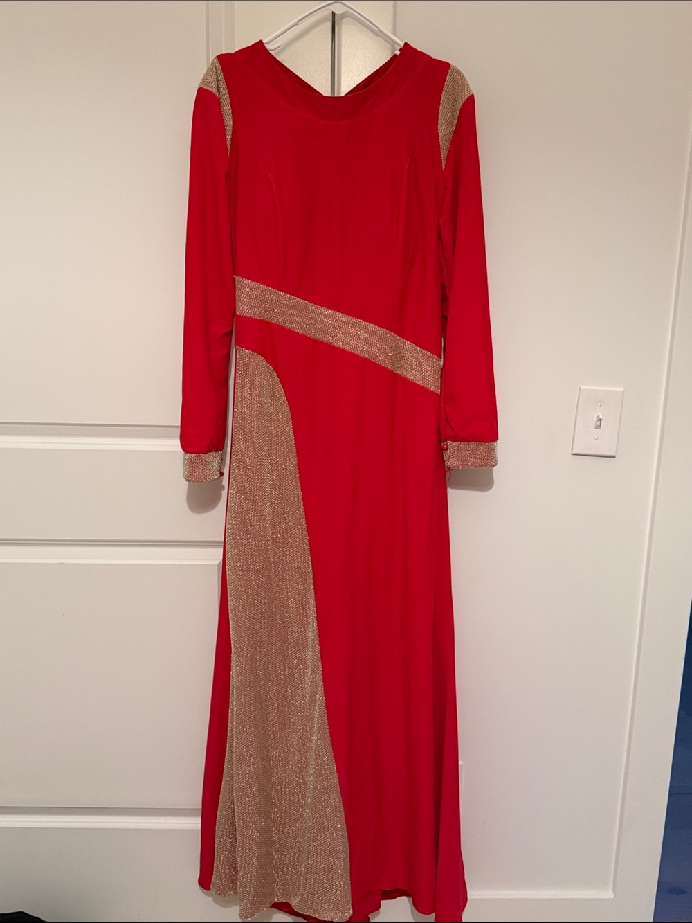 Red Long Sleeve Maxi Dress with Gold Accents